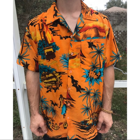 Orange Hawaiian Button up shirt. - Picture 1 of 4